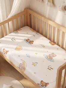 1pc Baby Crib Sheet, 100% Cotton, Cartoon Print, Breathable & Moisture-Absorbing, All-Season, Cute Patchwork Mattress Cover - Goodnight Moon Bear - View 9