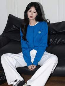 [Y6Y]Women's Solid Color Knitted Button Cardigan, Long Sleeve Letter Embroidery Loose Fit Thin Jacket, Autumn/Winter - Blue - View 4
