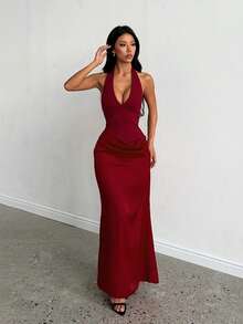Women's Halter Neck Backless Tie Waist Evening Dress, Summer, Back To School, Evening Party, Wedding, Date Night - Burgundy - View 4