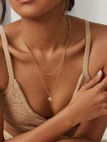 2pcs/Set Stainless Steel Necklace Set Exquisite Heart-Shaped Pendant Necklace Herringbone Chain Bead Chain For Women - Gold - View 2