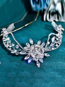 1pc Elegant Alloy Flower Rhinestone Bridal Hair Comb Women Hair Accessory For Wedding Party Event Daily Wear - Silver - View 3