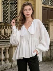 Plus Size Women Loose V-Neck Elegant Peter Pan Collar Long Sleeve Ruffle Hem Solid Color Blouse White Spring - White - View 1