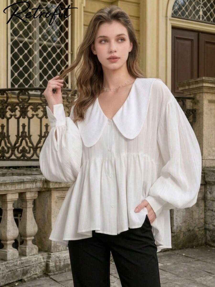 Plus Size Women Loose V-Neck Elegant Peter Pan Collar Long Sleeve Ruffle Hem Solid Color Blouse White Spring - White - View 1
