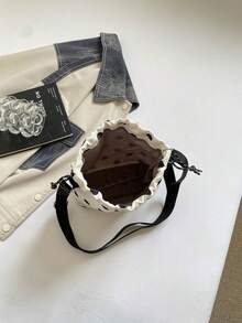 1pc Nylon Solid Color Drawstring Bucket Bag With Plush Charm Accessory, Fashion Crossbody Shoulder Bag For Women - White - View 6
