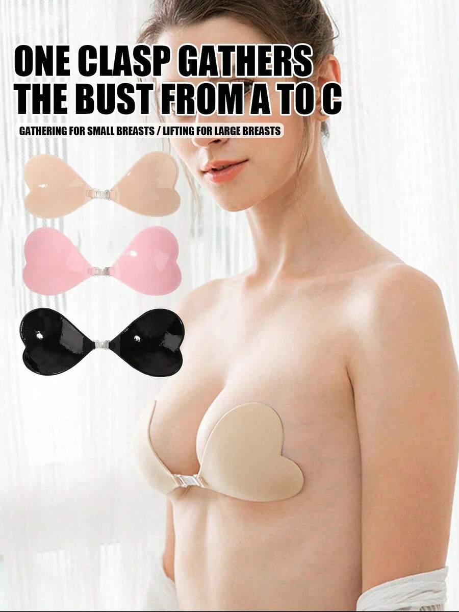 Heart Shape Front Buckle Invisible Bra | 3 Colors Skin/Pink/Black Reusable Adhesive Bra A-D Cup Push Up Sticky Bra For Wedding Dress - Multicolor - View 1