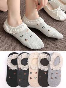 5 Pairs Women's Lace Trim Boat Socks, Spring/Summer Thin Low-Cut Short Socks With Silicone Anti-Slip Heel Grip, Sweet Mori Style - Multicolor - View 2