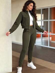 2pcs Women Set In Spring/Autumn/Winter, Minimal Solid Color Versatile Zip Up Short Jacket Tops With Elastic Waist Pocket Skinny Pants Casual Elegant - Army Green - View 4