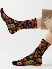 1 Pair Women's Mid-Calf Socks With Multiple Expressions, Pumpkin Witch Hat And Cute Ghost 360° Full Print, Fun Halloween Party Cosplay Casual Daily Socks, Unisex Style, Ideal Gift Choice - Multicolor - View 6