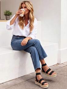 Womens Open Toe Espadrilles Dressy Platform Sandals Slip On Elastic Ankle Strap Wedges Sandals - Black - View 4