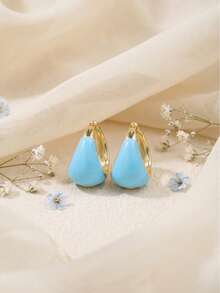 1 Pair Colorful Enamel Teardrop Hoop Earrings, Water Drop Earrings, Minimalist Daily Fashion Jewelry For Women Wedding/Party/Daily Wear - Red - View 2
