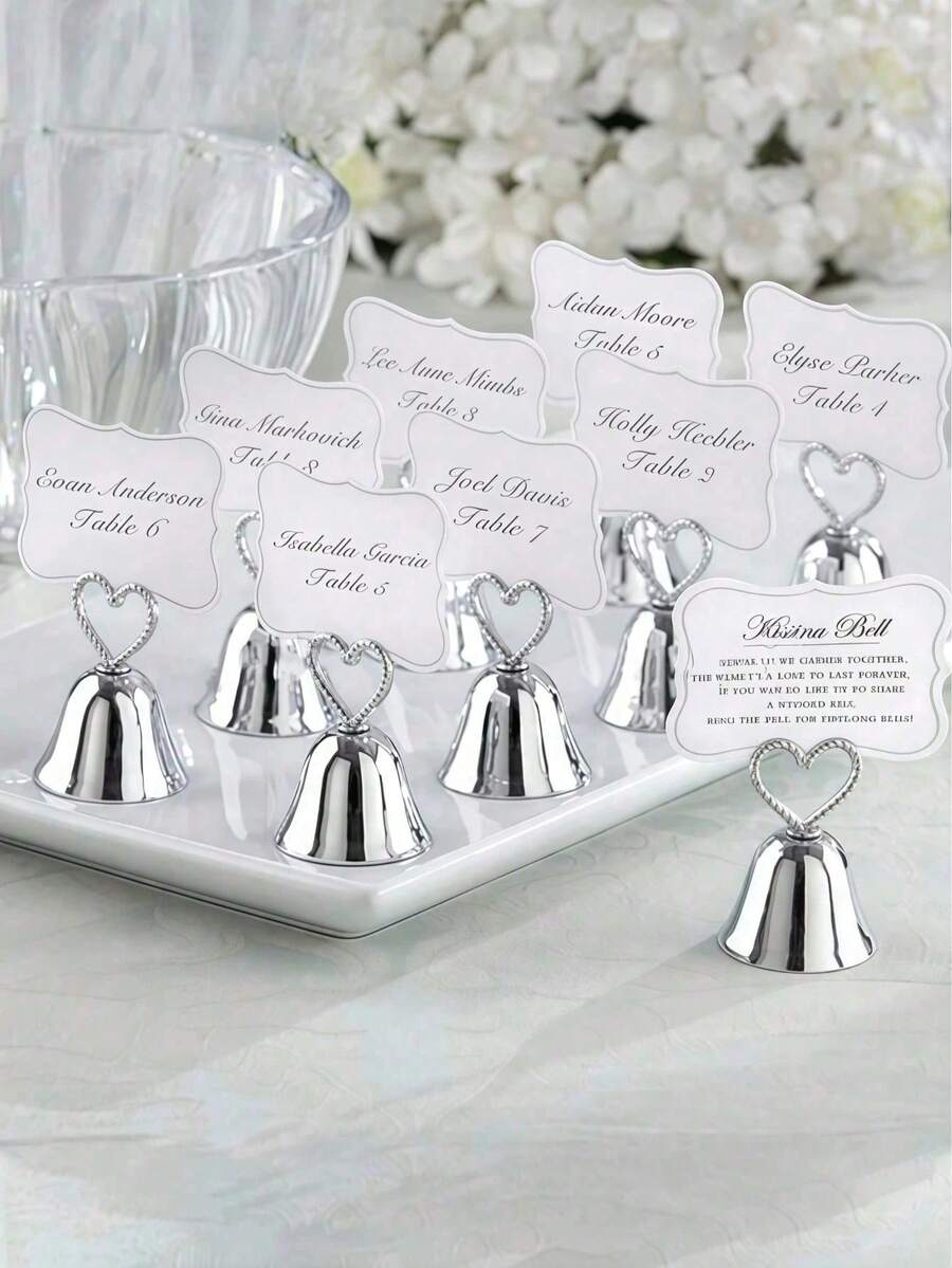 8pcs/4pcs Bell Business Card Holder With Card, Multiple Styles Available (E.G., Heart And Maple Leaf Shape), Built-In Bell Table Number Clip, Glossy, Exquisite, Shiny, Smooth, Bright, Luxurious, Transparent, Metallic Texture, Mirror Polished, Beautiful, Warm, High-End, Elegant, Dreamy, Ceremonial, Luxurious Atmosphere, Gentle And Romantic, Suitable For Table Numbers, Restaurant Menus - Silver - View 1