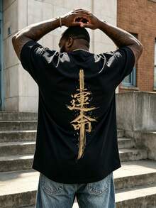 AnChiStreetwear - 大码男士时尚剑客图案休闲短袖T恤，适合街头穿搭、户外活动和日常通勤。 - 黑色 - 查看 1