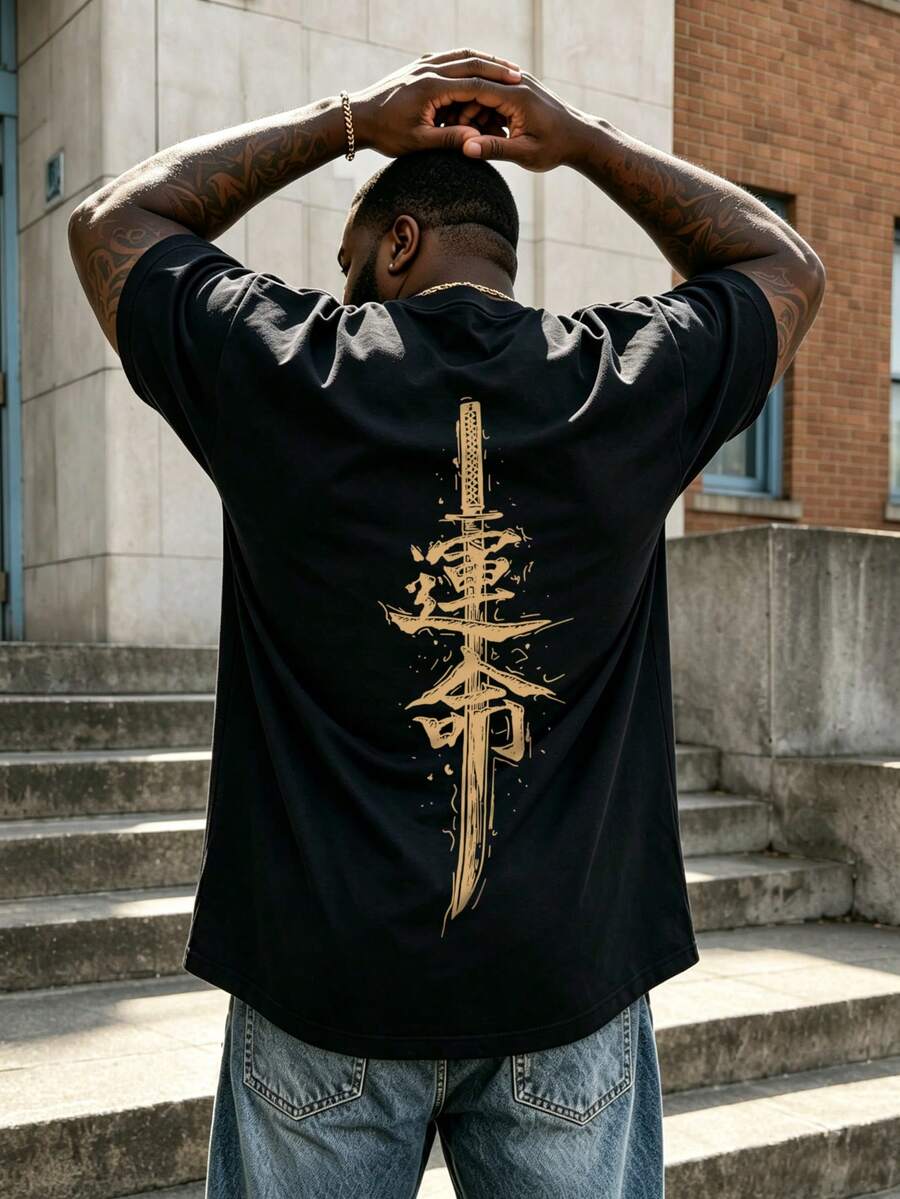 AnChiStreetwear - 大码男士时尚剑客图案休闲短袖T恤,适合街头穿搭、户外活动和日常通勤。 - 黑色 - 查看 1