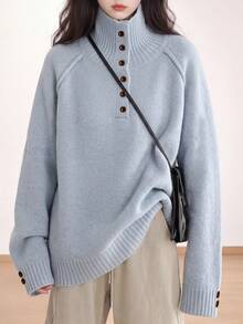 Women's Autumn/Winter Casual Minimalist Vintage Style Half-Button Knit Pullover Sweater - Baby Blue - View 3