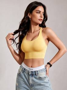 Runway Rest 女款無縫無鋼圈運動內衣，寬肩帶，舒適透氣 - 黃色 - 查看 6