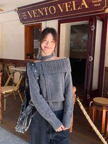 Autumn/Winter New Slouchy Off-Shoulder Cable Knit Sweater Halter Neck Ribbon Pullover Knit Top - Grey - View 7