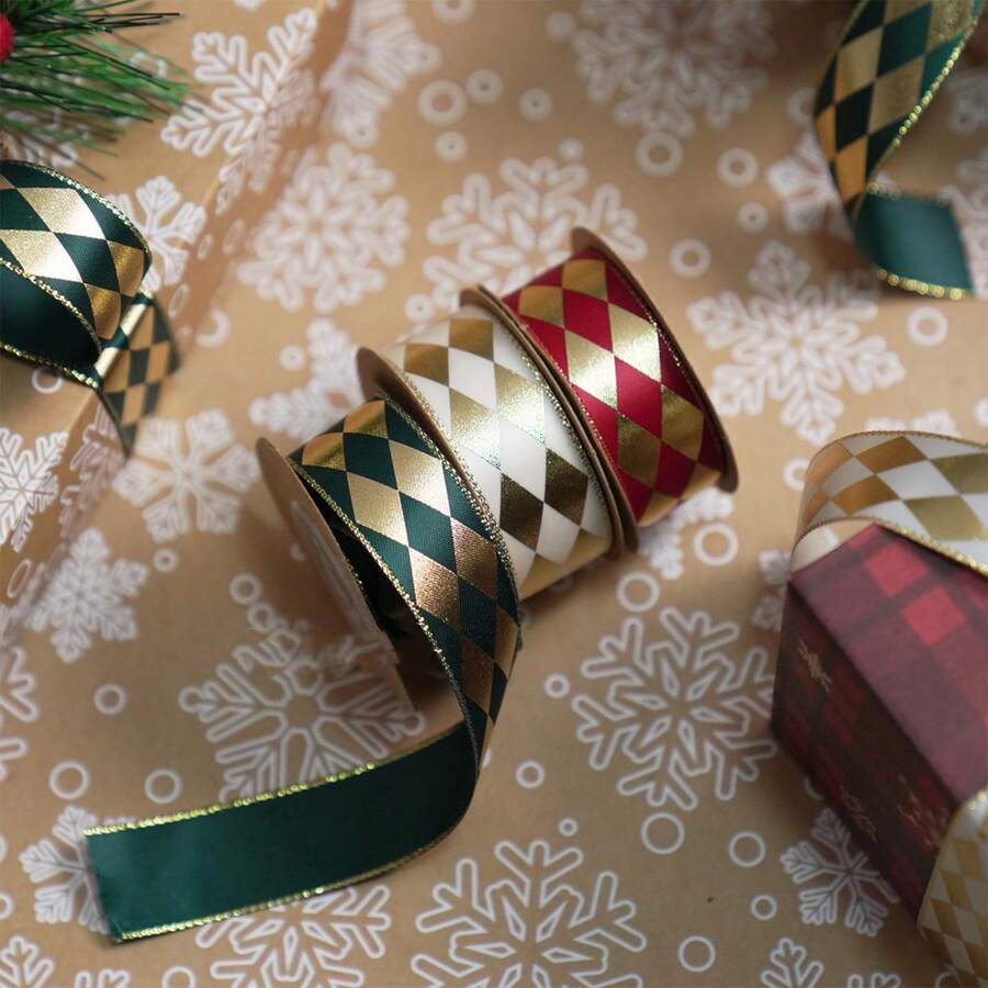 Elegant Green Gold Diamond Plaid Christmas Ribbon Harlequin Check Satin Ribbons For Gift Wrapping DIY Bow Making Wreath Tree Decor Vintage Aesthetic Holiday Party Supplies - Multicolor - View 1