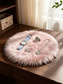 1pc Grey Long Plush Small Round Decorative Rug, Round Faux Fur Sheepskin Carpet, Fluffy Machine Washable Small Rug, Suitable For Nail Table, Fluffy Carpet, Cosmetic Display Decoration Small Round, Various Photo Props Decoration, Home Decor Simple Ins Style Decorative Rug, All Season Use - Pink - View 4