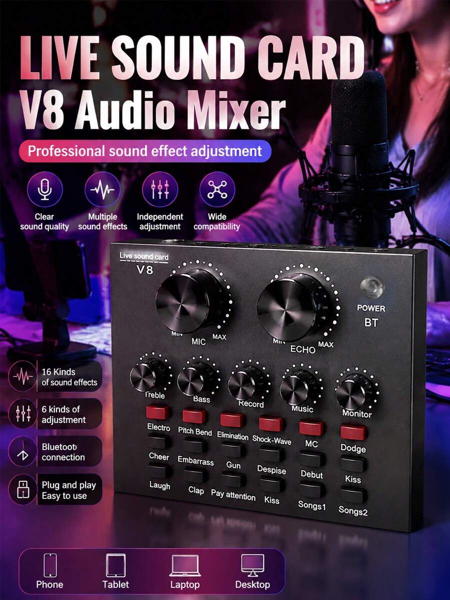YAIUZGOO V8 音效卡音訊介面 直播 KTV 轉接器 支援雙手機直播 KTV 語音聊天 外接音效卡適用於手機與電腦 - 黑8聲卡UP - 查看 1