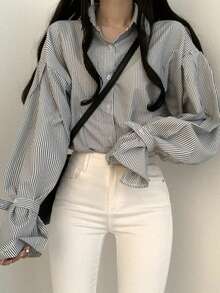 Korean Style Autumn Design Niche Fine Striped Loose Fit Shirt Women Minimalist Versatile Long Sleeve Top - Black - View 4