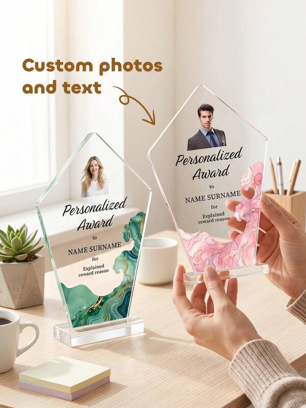1 Peça Troféu de Premiação Personalizado com Foto e Texto, Troféu de Reconhecimento de Funcionário Personalizado, Presente de Apreciação de Conquista Empresarial, Troféu de Lembrança de Mesa com Foto Personalizada
