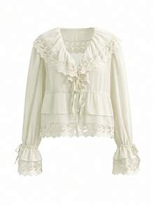 Dravelle Atasan Wanita Warna Polos dari Kain Tenun dengan Hiasan Ruffle/Flounce dan Tali Ikat untuk Kencan Malam dan Pakaian Kasual, Musim Semi/Gugur - putih pucat - View 4