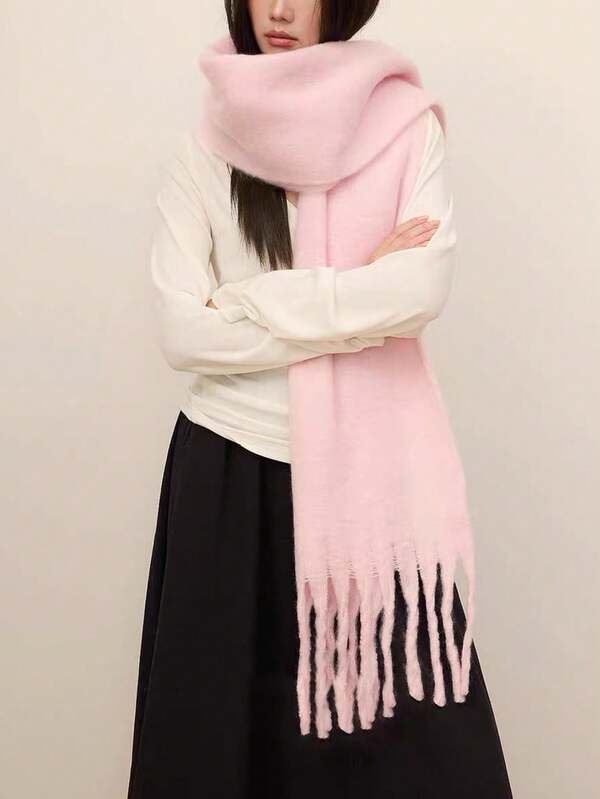 1pc Thick Solid Color Fleece Mohair Tassel Scarf, Chic Autumn/Fall Warm Couple Shawl, Soft & Comfortable Blanket Scarf, Suitable For Daily Wear