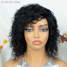 AMECIRE Black Curly Wig Fluffy Shape With Bangs Human Hair Wigs Pixie Cut Wig Wigs For Women Short Hair Wig Elastic Mesh Cap Suitable For Everyday Wear And Holidays - Natural Black - View 5