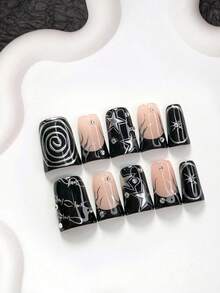 10 piezas de uñas postizas de moda vanguardista hechas a mano, set de manicura de polygel, decoración de estrellas pintadas a mano y strass, esmalte de uñas negro y plateado, estilo único, incluye herramientas de manicura, 3 tamaños disponibles, forma de almendra/pato/ataúd, adecuado para fiestas, baile, uso diario - Multicolor - Ver 15