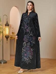 Warm Winter Velvet Muslim Abaya V-Neck Stand Neck Floral Applique Moroccan Kaftan Ladies Formal Dress - Black - View 1