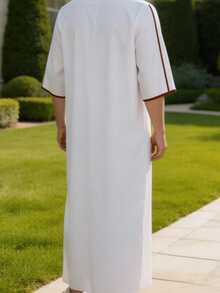 Fashionable Arabic Men's Robe, Short Sleeve Design And Round Neck, Suitable For Prayer, Elegant Casual Men's Arabic Robe, Suitable For Ramadan Occasions, Soft Texture, Traditional Arabic Men's Robe, Men's Short Sleeve Embroidered Robe, Arabic Traditional Clothing, Middle East Dubai Abaya, Breathable Loose Robe, Suitable For Eid, Ramadan And Daily Wear - White - View 2