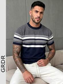 GRDR Men's Contrast Color Striped Crew Neck Knit Short Sleeve T-Shirt - Daily Wear Commute Outfit - Navy Blue - View 4