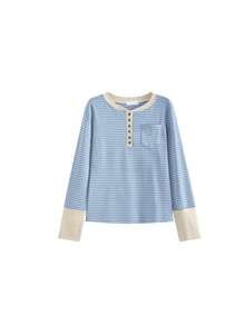 Women's Design Button Henley Collar Long Sleeve T-Shirt, Spring/Autumn New Vintage Contrast Color Striped Base Layer Slim Fit Top (Random Stripes) - Blue - View 5