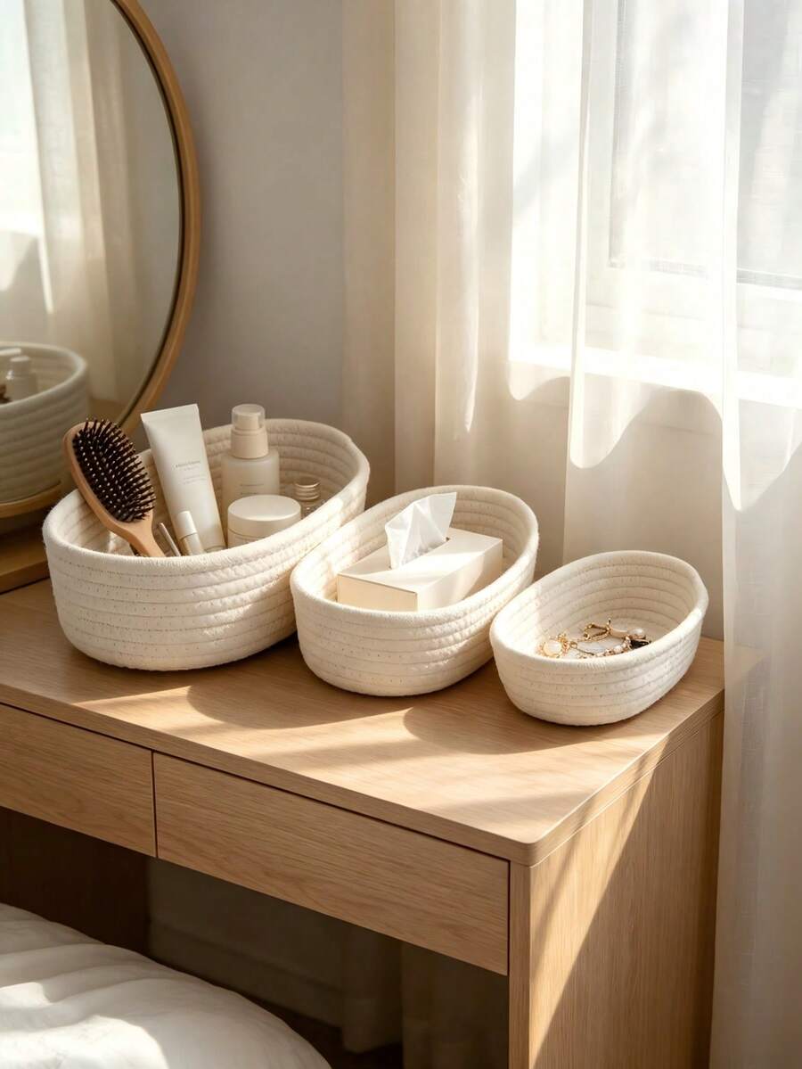 Cesta de almacenamiento ovalada para escritorio, organizador de llaves para la entrada, cesta de almacenamiento de cosméticos para la mesita de noche del dormitorio, cesta tejida, 3 tamaños disponibles - Blanco - Ver 1