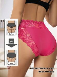 1pc Women's Elegant Lace Patchwork Comfortable Breathable Panty, Suitable For Romantic Holidays - Pink - View 3