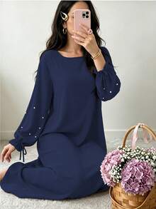Elegant Double Layer Khimari Long Robe, Pearl Decorated Drawstring Sleeves, Loose Fit Modest Long Dress, Suitable For Middle Eastern Women - Multicolor - View 21