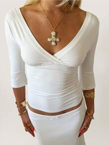 Womens Surplice Wrap Deep V 3/4 Sleeve Crop Top, Side Ruched Stretch Slim Y2K Layering Going Out Blouse - White - View 4
