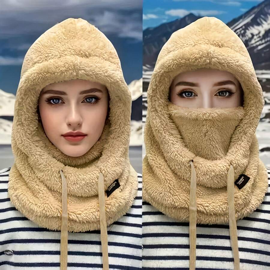 1pc/Set Women's Winter Fleece-Lined Balaclava Hood, Lightweight Warm Solid Color Face Cover With Adjustable Elastic Drawstring And Windproof Ear Coverage, For Cycling, Skiing And Outdoor Sports - Multiple Styles - View 1