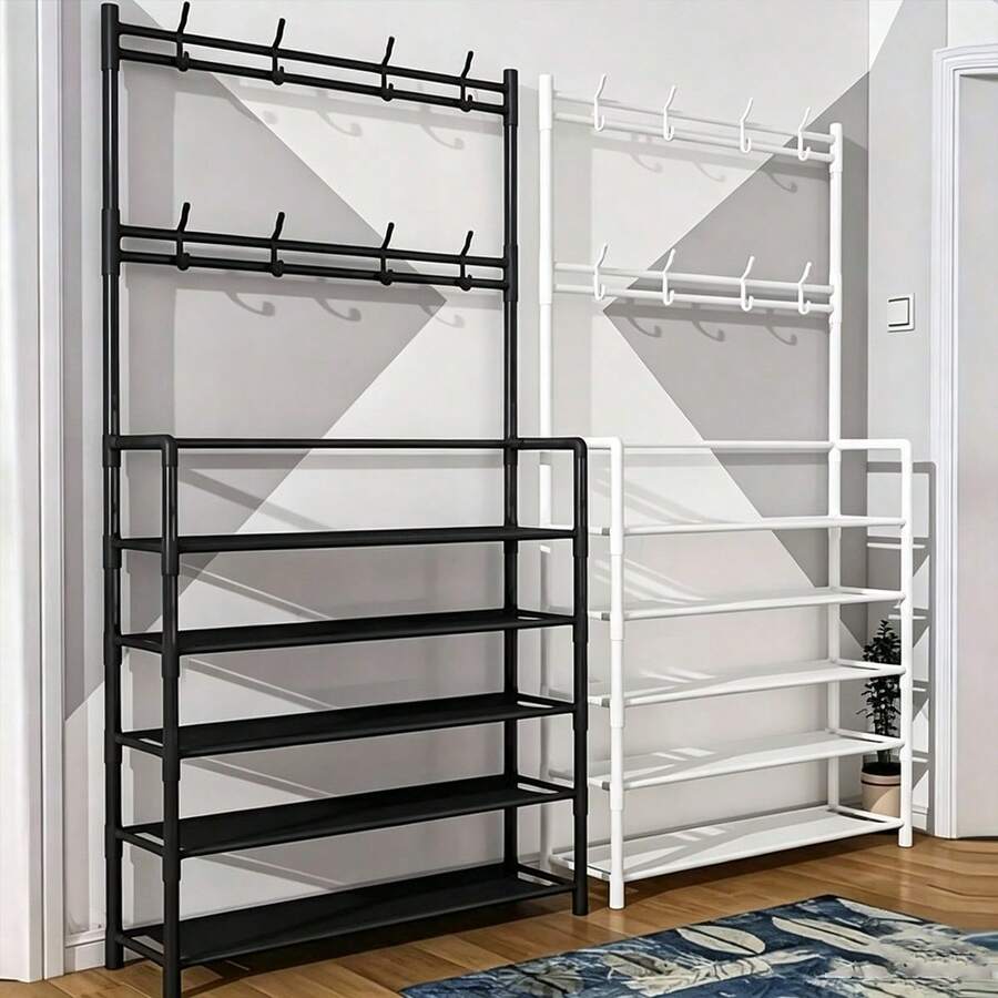 1 Set Multifunctional Coat Rack And Metal Shoe Storage Rack, Detachable Hooks And Hat Rack, Multi-Layer Independent Storage Space, Suitable For Clothes, Shoes, Hats, Bags And Umbrellas, Practical Storage Solution For Home, Apartment And Dorm, Space-Saving Entryway, Living Room, Bathroom And Hallway Storage, Independent Entryway Shoe Rack Provides Ample Storage Space, Suitable For Halloween, Christmas And Year-End Events