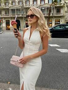 女款優雅時尚純色掛脖前開衩單排扣修身長洋裝，精緻領口開襟性感修身純色長洋裝，輕盈透氣 - 白色 - 查看 4