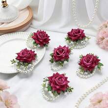 Elegant Burgundy Rose Wrist Corsage With Pearl Accents, Bridal Jewelry And Wedding Accessory, Suitable For Prom And Party - Multicolor - View 5
