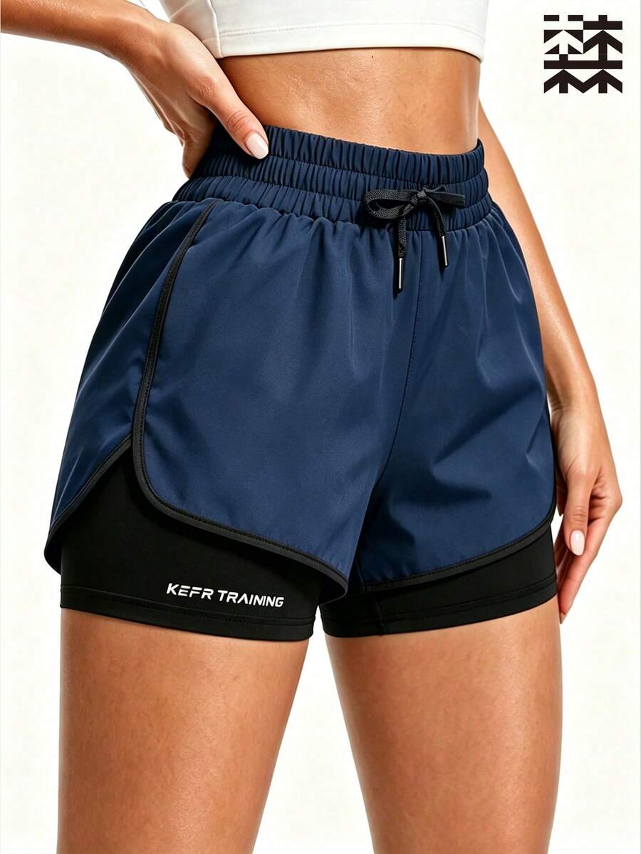 mulinsen Women's Casual Versatile Solid Color Loose Shorts, Summer Sports 2 In 1 Running Fitness Training Athletic Shorts - Navy Blue - View 1