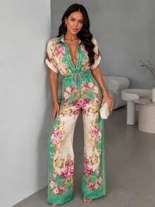 ChicMe Women's Vintage Floral Print Collared Rolled Sleeve Button Front Drawstring Wide Leg Vacation Jumpsuit - Green - View 1