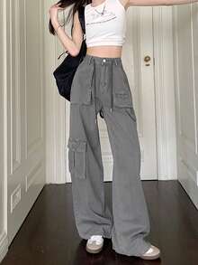 Women's American Style Cargo Pants, Cool & Edgy New High-Waist Wide-Leg Trousers For Summer - Grey - View 4
