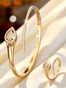 1 Set Women's Water Drop Pave Zirconia Open Bangle & Ring 2 Pieces Set, Luxury High-End Jewelry Set For Party, Commute And Versatile Matching - Jewelry Set - View 1