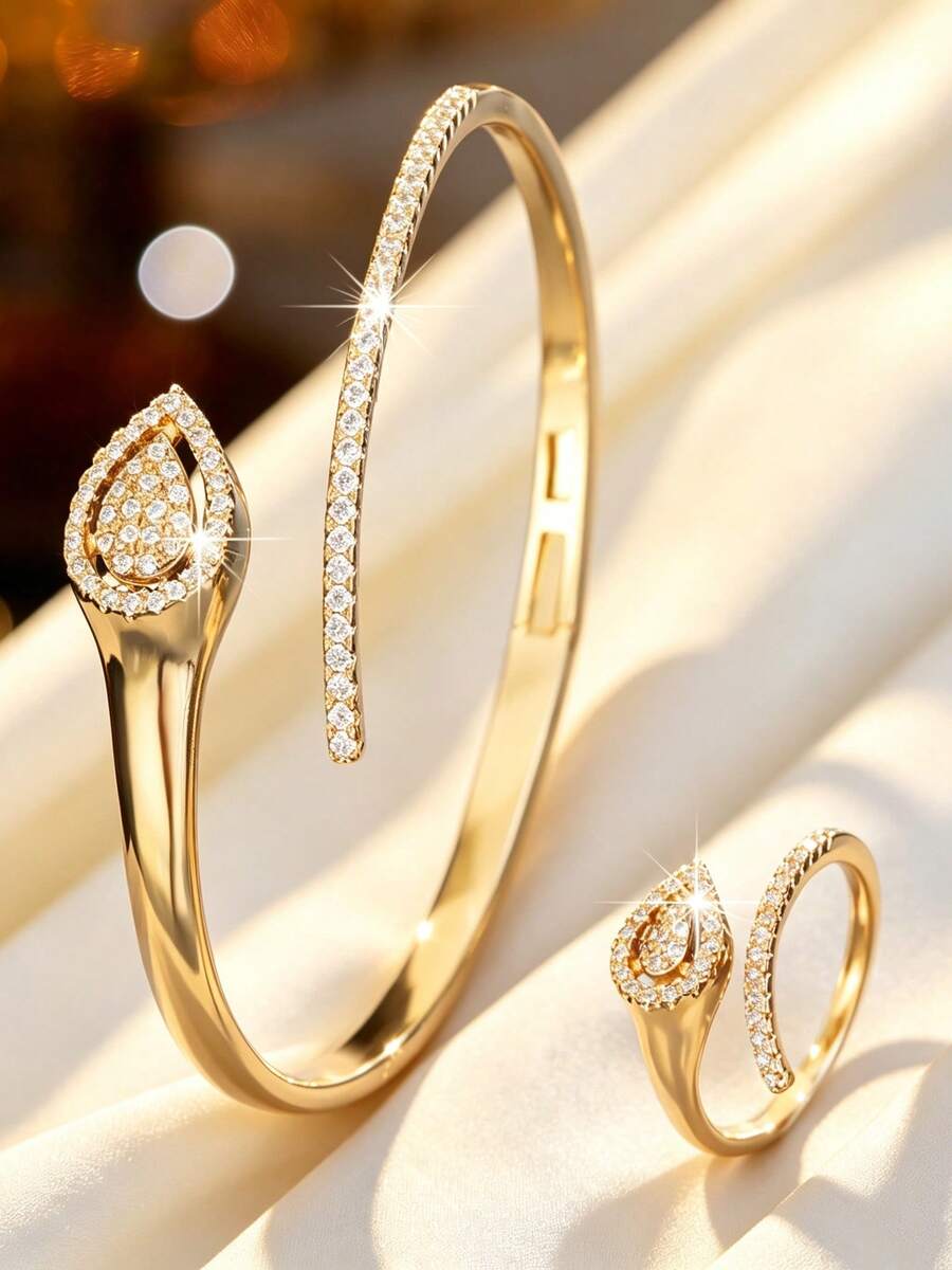 1 Set Women's Water Drop Pave Zirconia Open Bangle & Ring 2 Pieces Set, Luxury High-End Jewelry Set For Party, Commute And Versatile Matching - Jewelry Set - View 1