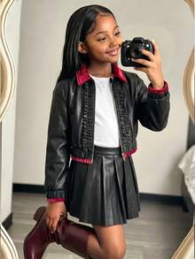 Girls' Autumn/Winter Vintage Jacket Set With Lapel Lace Design Zipper Long Sleeve Jacket + Solid Color Pleated Skirt 2-Piece Set - Black - View 1