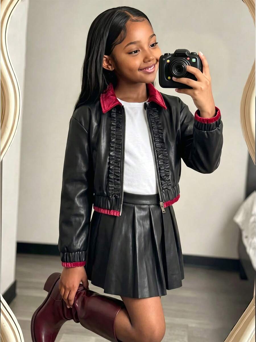 Girls' Autumn/Winter Vintage Jacket Set With Lapel Lace Design Zipper Long Sleeve Jacket + Solid Color Pleated Skirt 2-Piece Set - Black - View 1