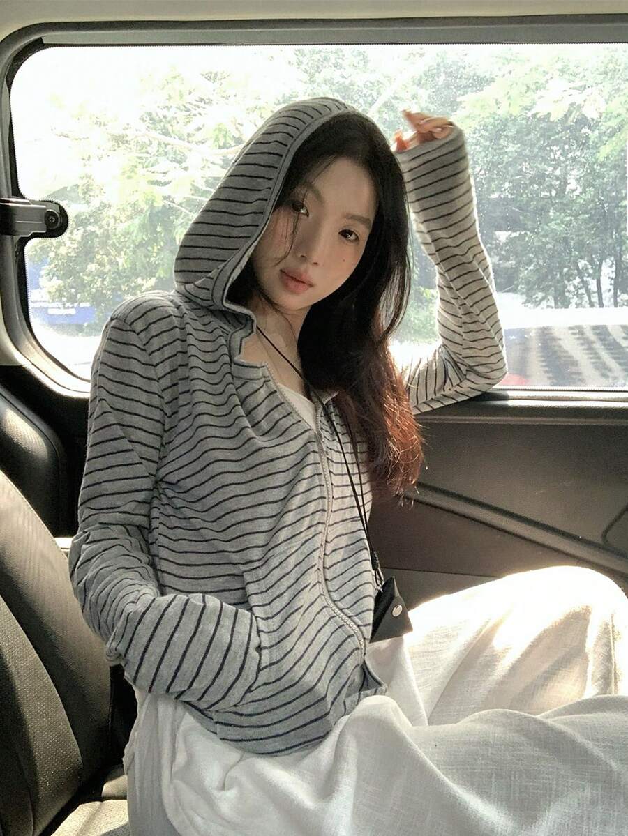 Women's Slouchy Striped Zipper Long Sleeve Hooded Cover Up Jacket, Short Length Sun Protection Cover-Up Top - Grey - View 1