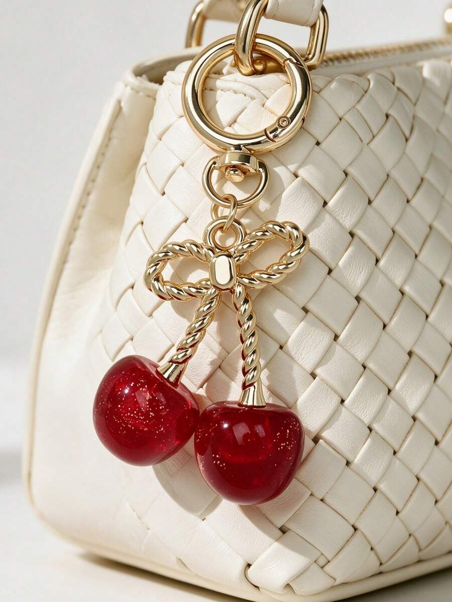 1pc Gold Glitter Cherry Twisted Rope Bow Keychain Pendant, Y2K Sweet Red Resin Fruit Key Ring Bag Charm, Suitable For Car Key Accessories, Birthday Holiday Gift For Girlfriend, Best Friend, Small Gift - Multicolor - View 1